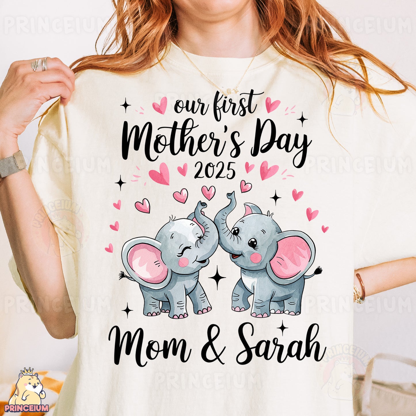 a woman wearing a t - shirt that says our first mother's day with