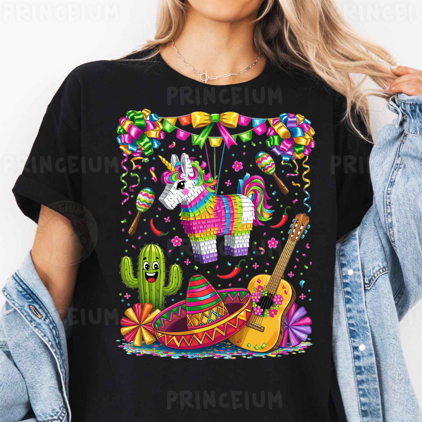 a woman wearing a black t - shirt with an image of a unicorn in a