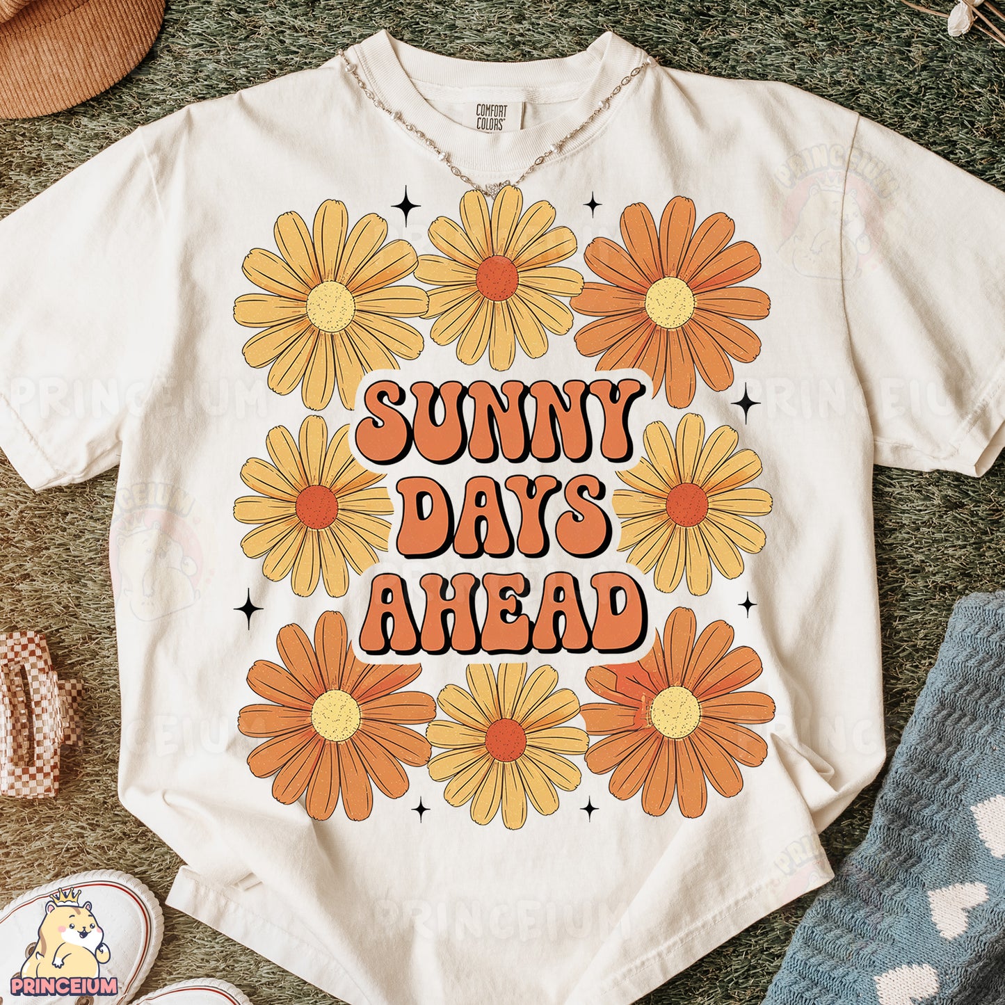 a t - shirt that says sunny days ahead surrounded by sunflowers