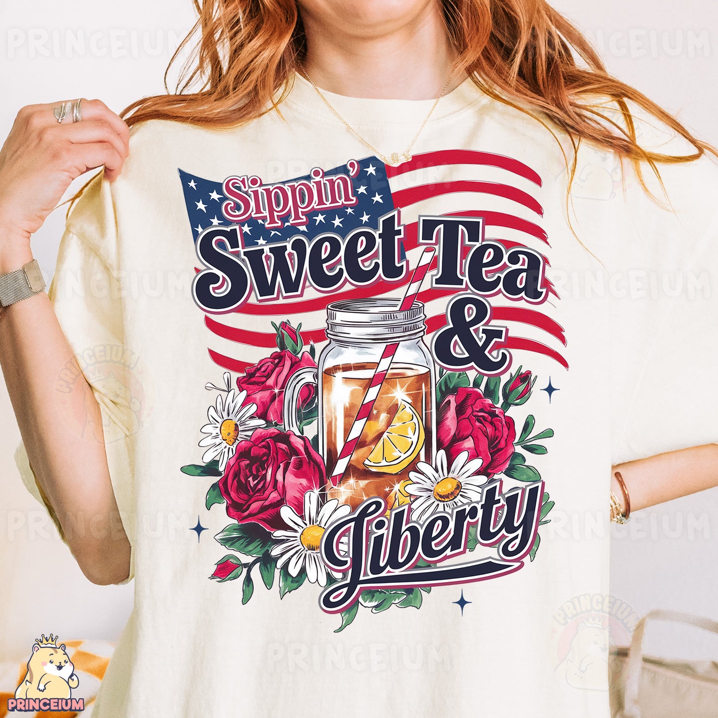 a woman wearing a t - shirt that says sweet tea and liberty