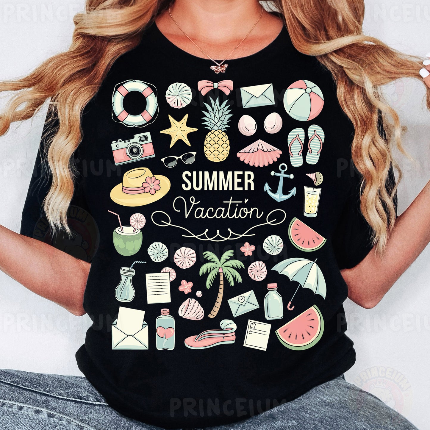 a woman wearing a black summer vacation t - shirt