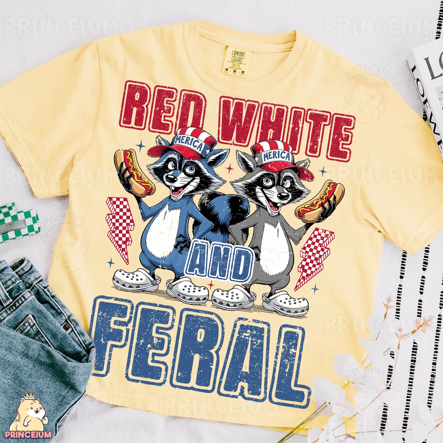 a pair of raccoons wearing red white and blue shirts