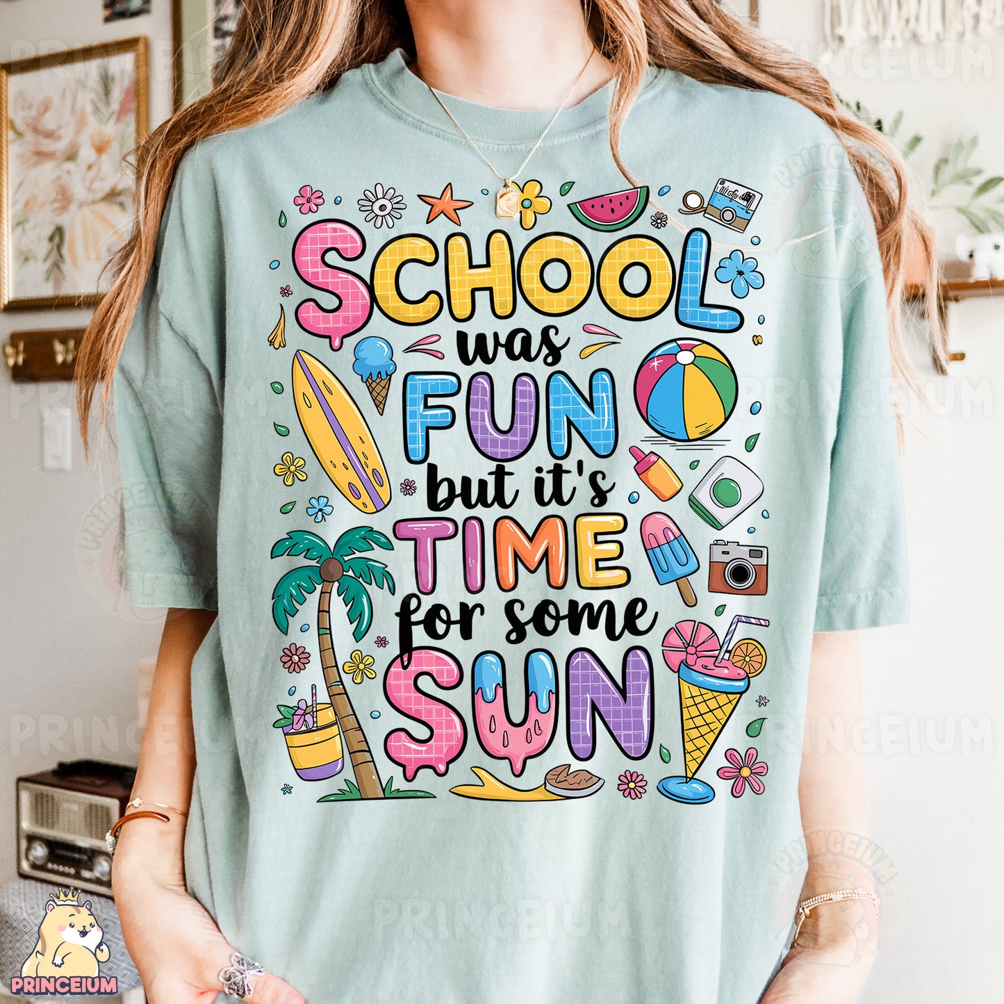 a woman wearing a t - shirt that says school is fun but it's