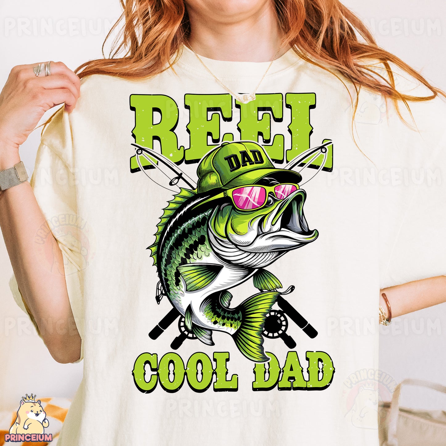 a woman wearing a t - shirt that says reel dad