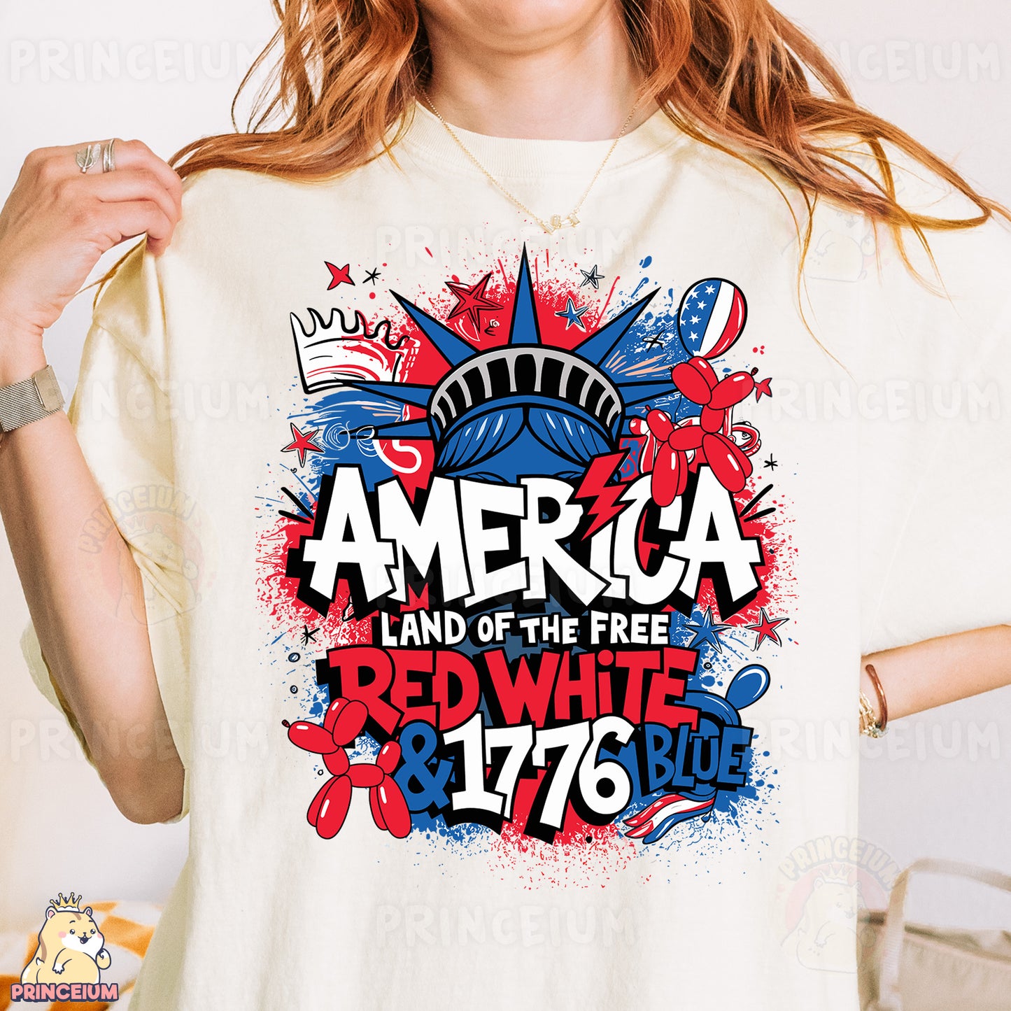 a woman wearing an american land of the free red white and blue t - shirt