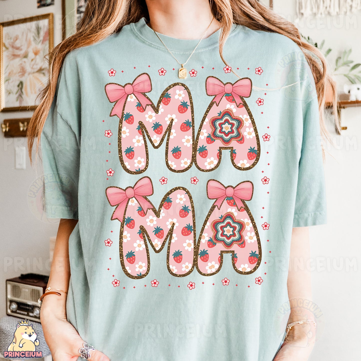 a woman wearing a t - shirt that says mamma