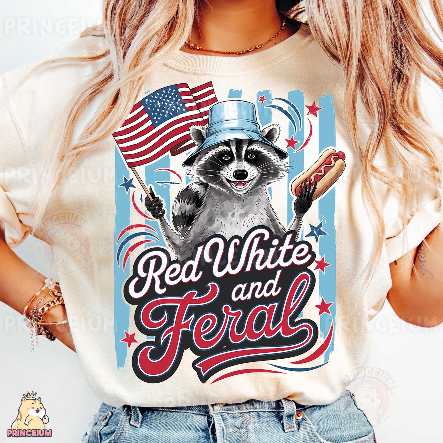 a woman wearing a red, white, and blue shirt with a raccoon