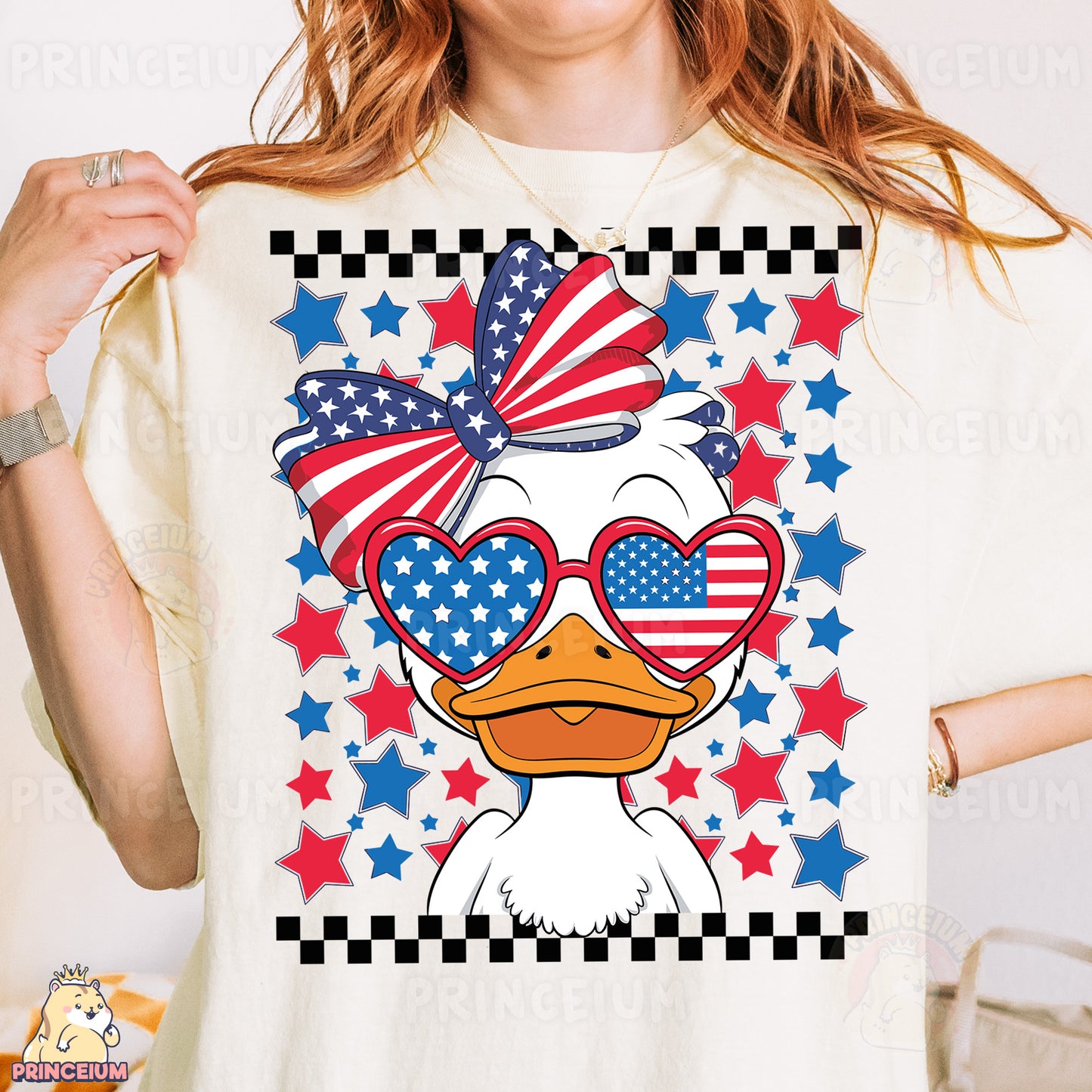 a woman wearing a t - shirt with a duck wearing sunglasses