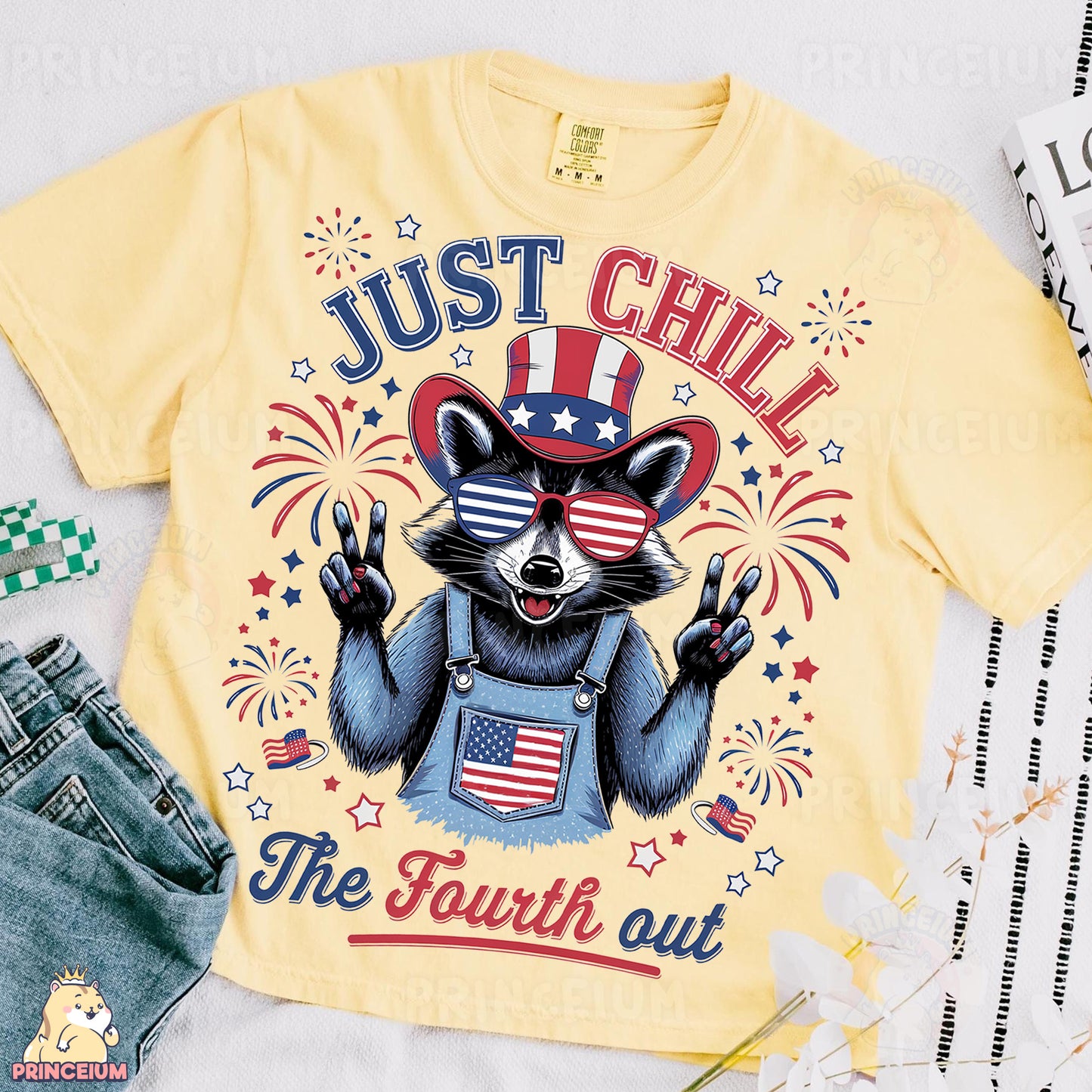a yellow shirt with a raccoon wearing a patriotic hat