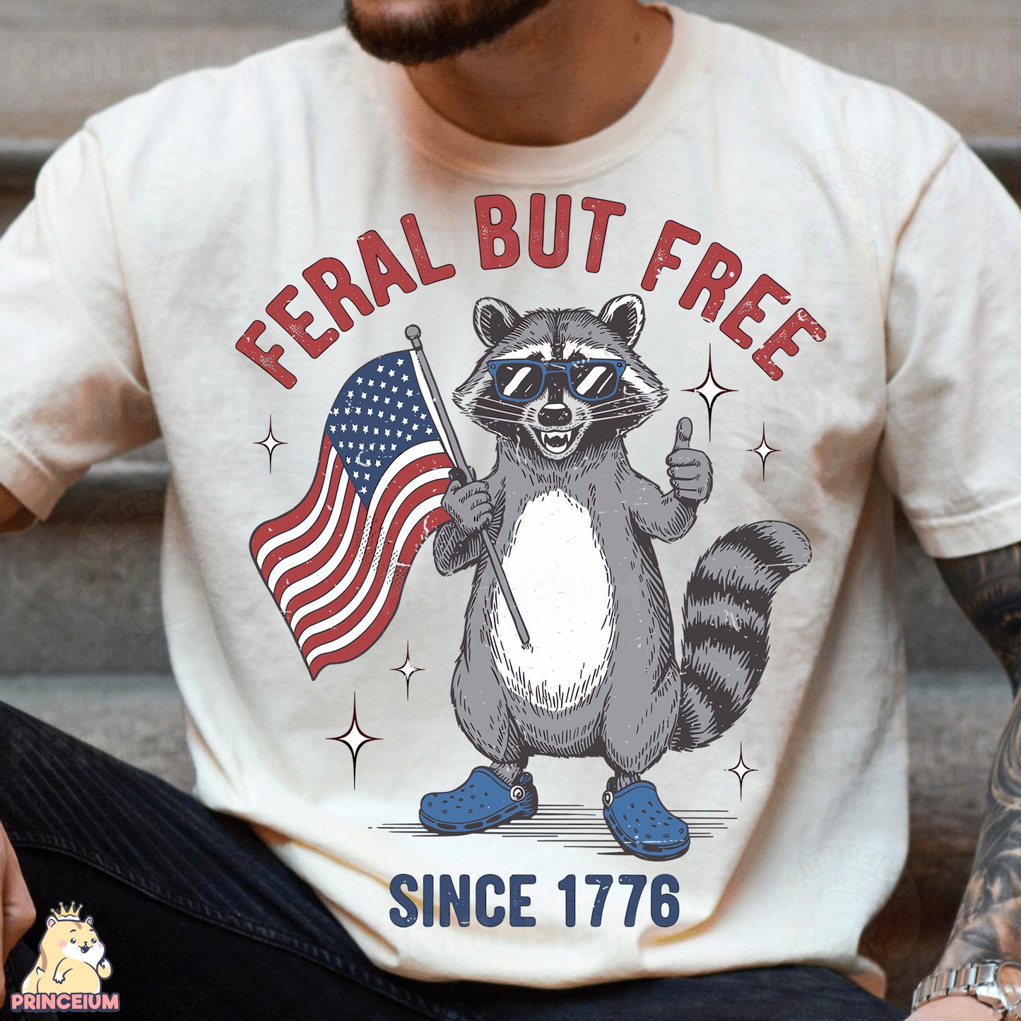 a man wearing a t - shirt with a raccoon holding an american flag