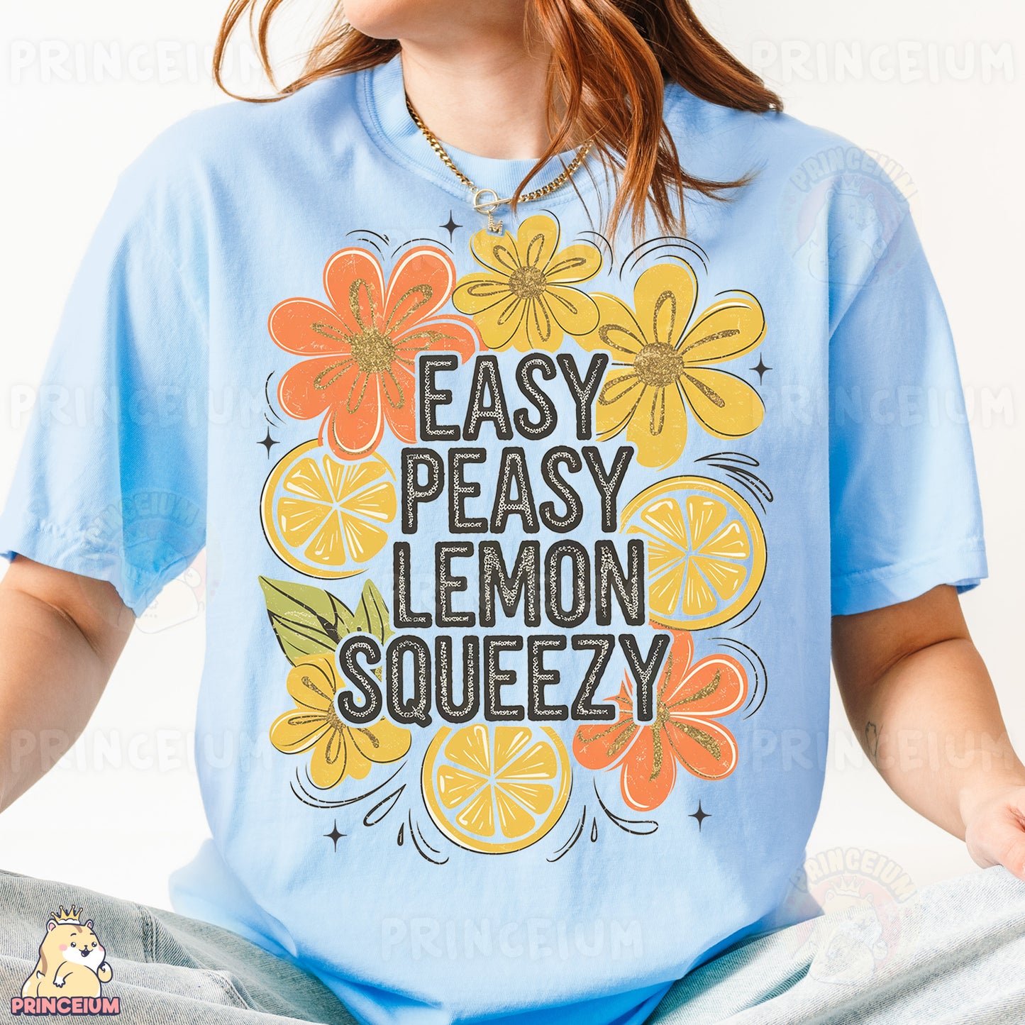 a woman wearing a t - shirt that says easy peasy lemon squeezezy