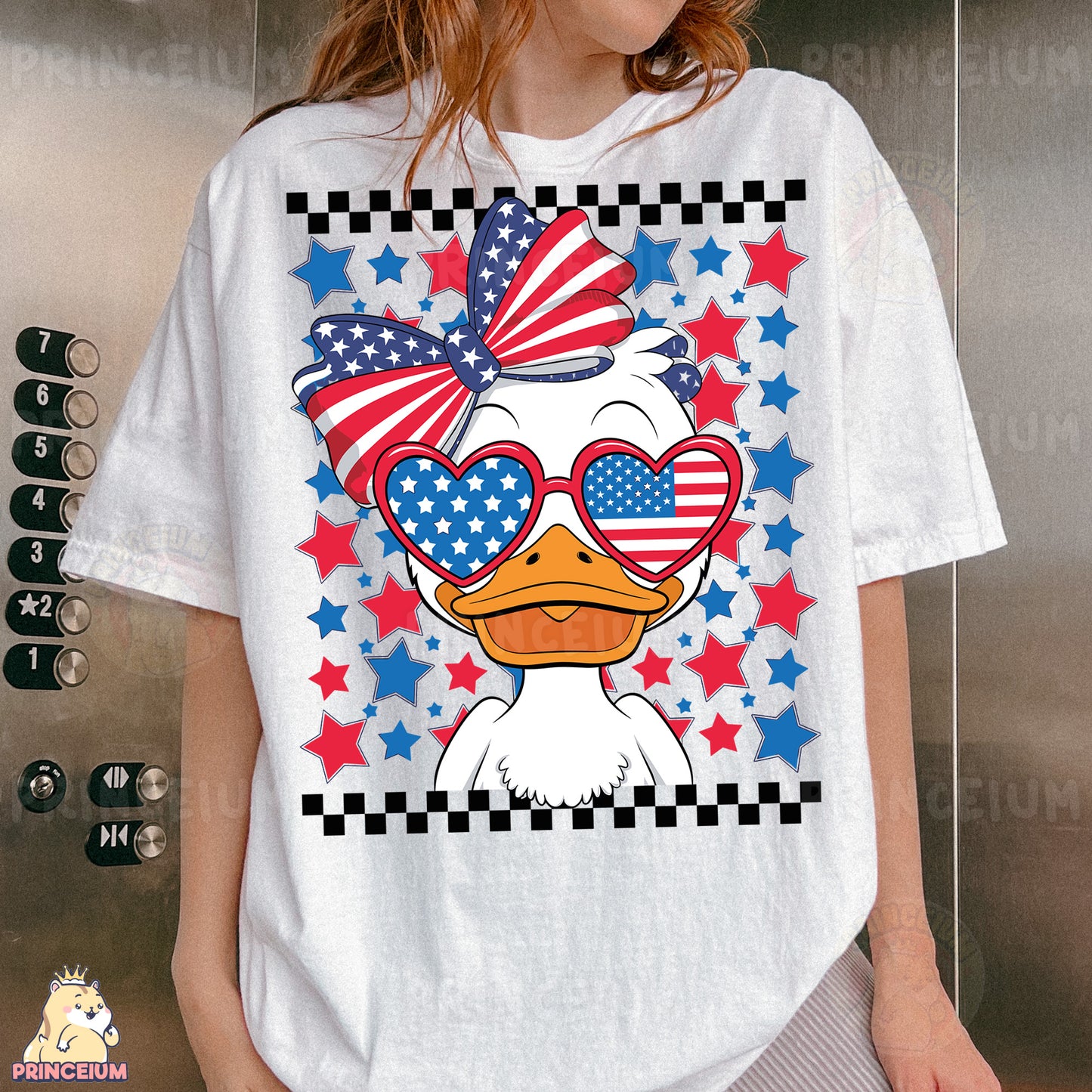a woman wearing a t - shirt with a duck wearing sunglasses