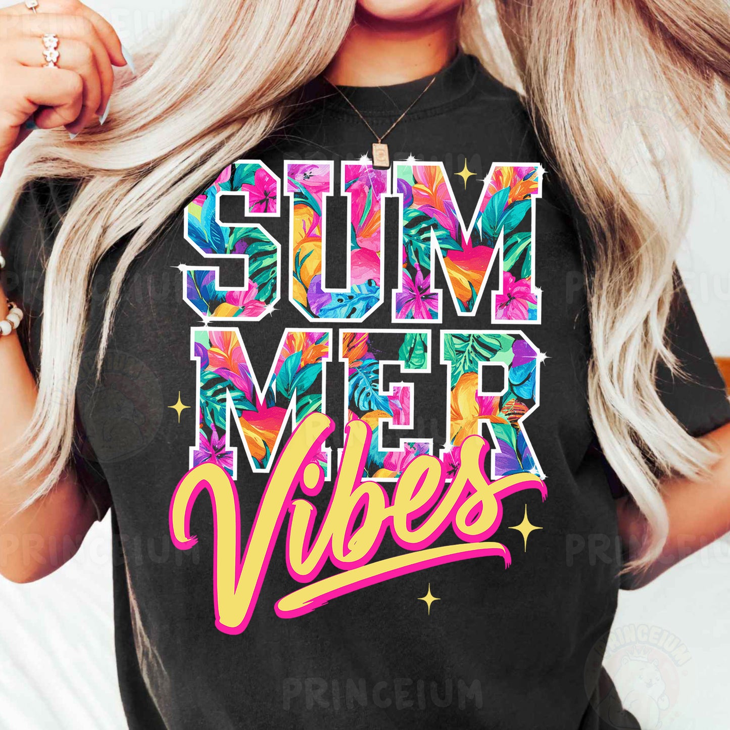 a woman wearing a black shirt that says summer vibes