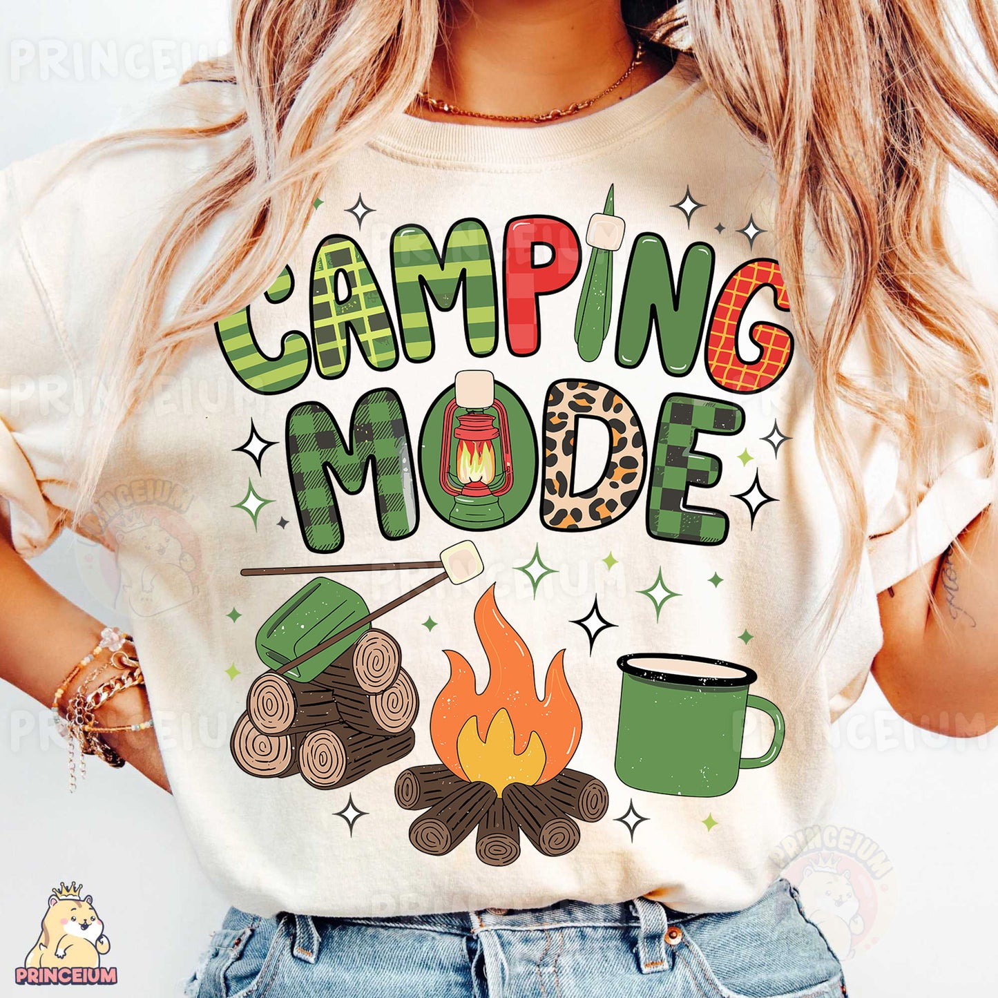 a woman wearing a t - shirt that says camping mode