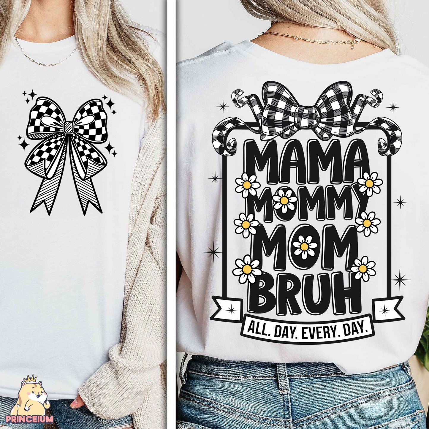 a woman wearing a t - shirt with a bow on it