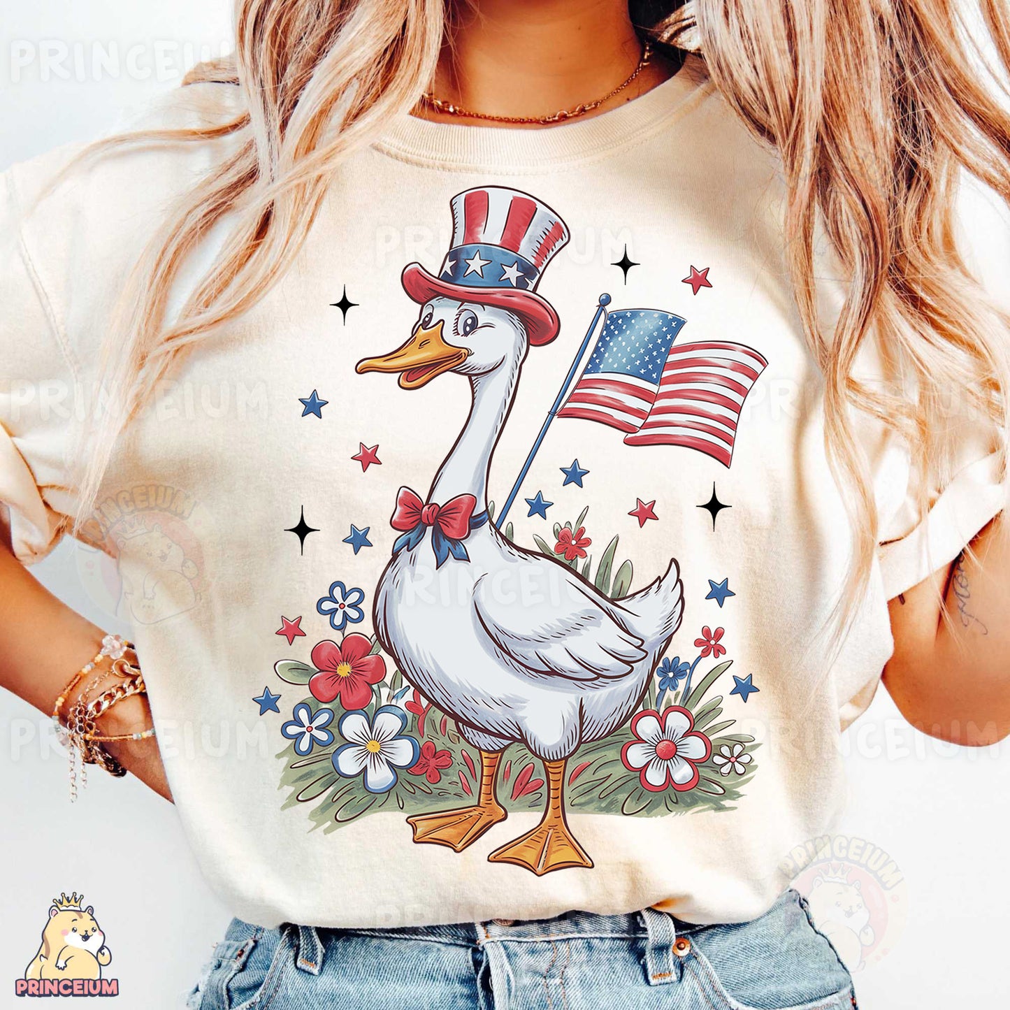 a woman wearing a patriotic t - shirt with a goose on it