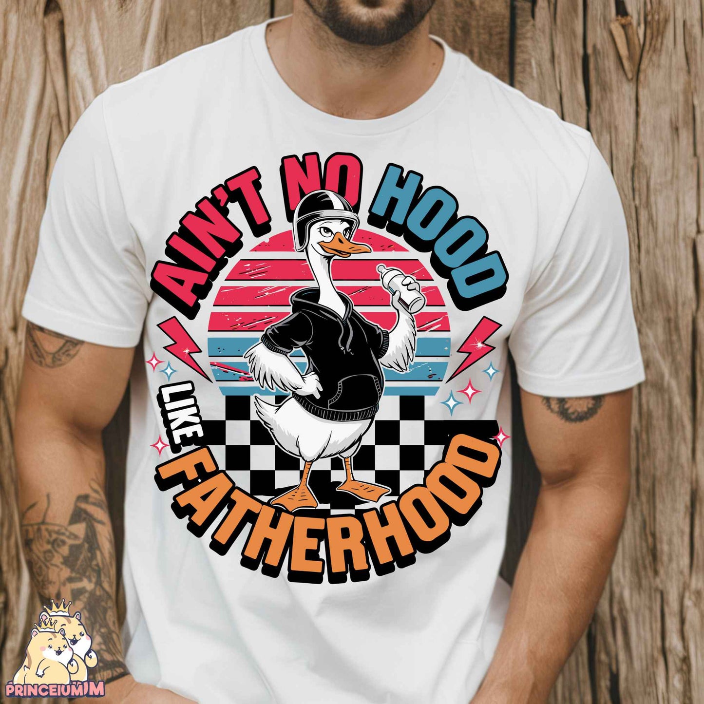 a man wearing a white t - shirt with an image of a duck on it