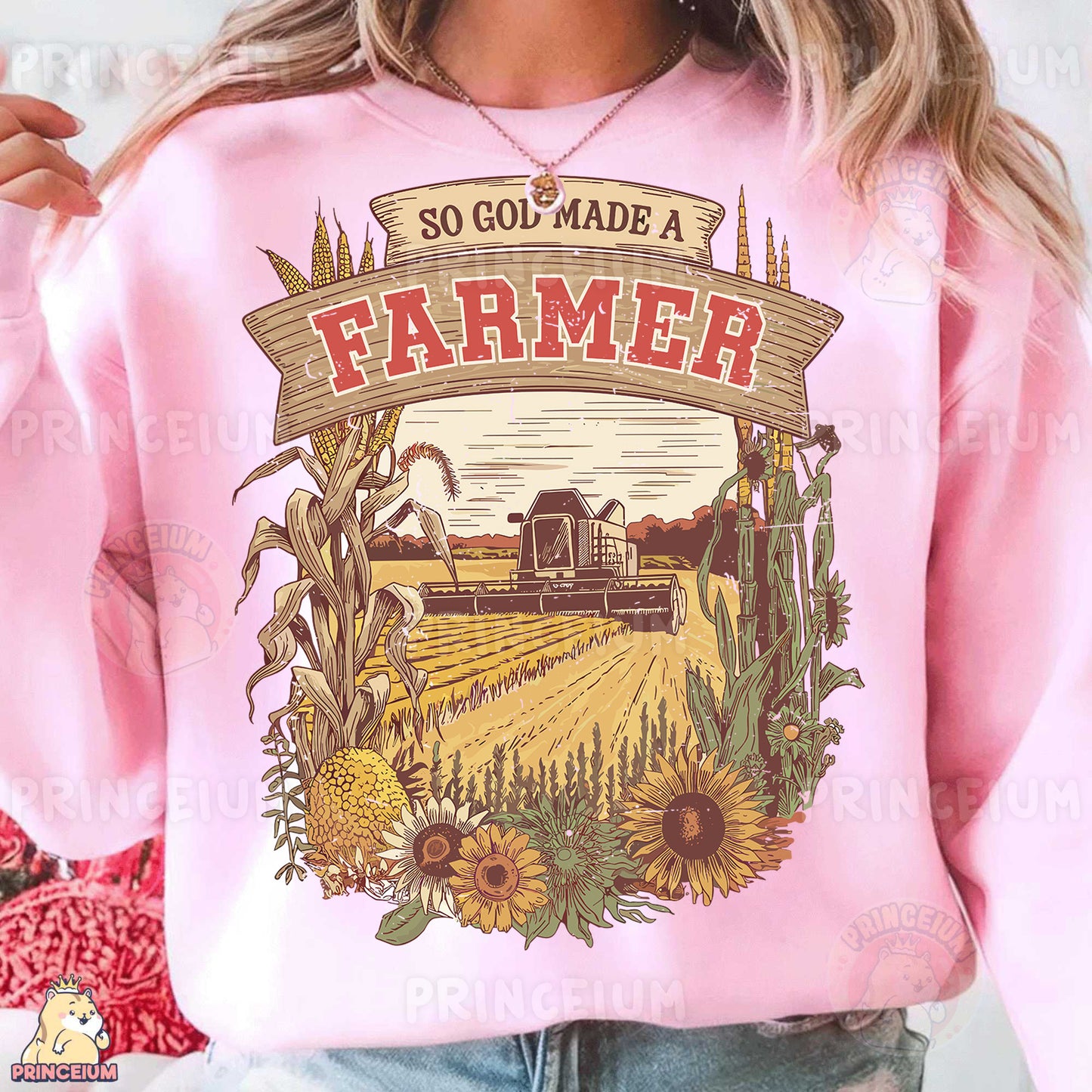 a woman wearing a pink sweatshirt that says so go made a farmer