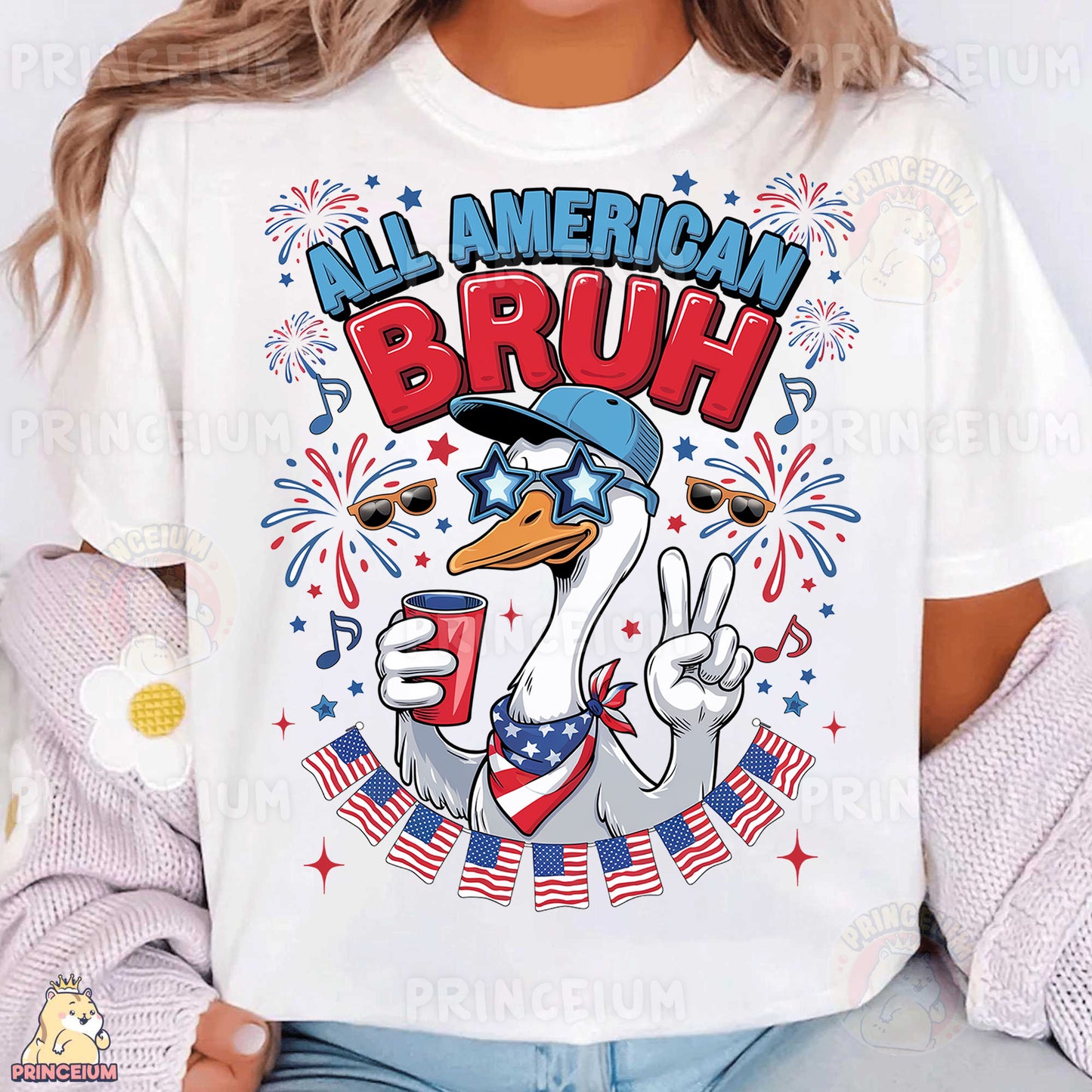 a woman wearing a white american bruh t - shirt
