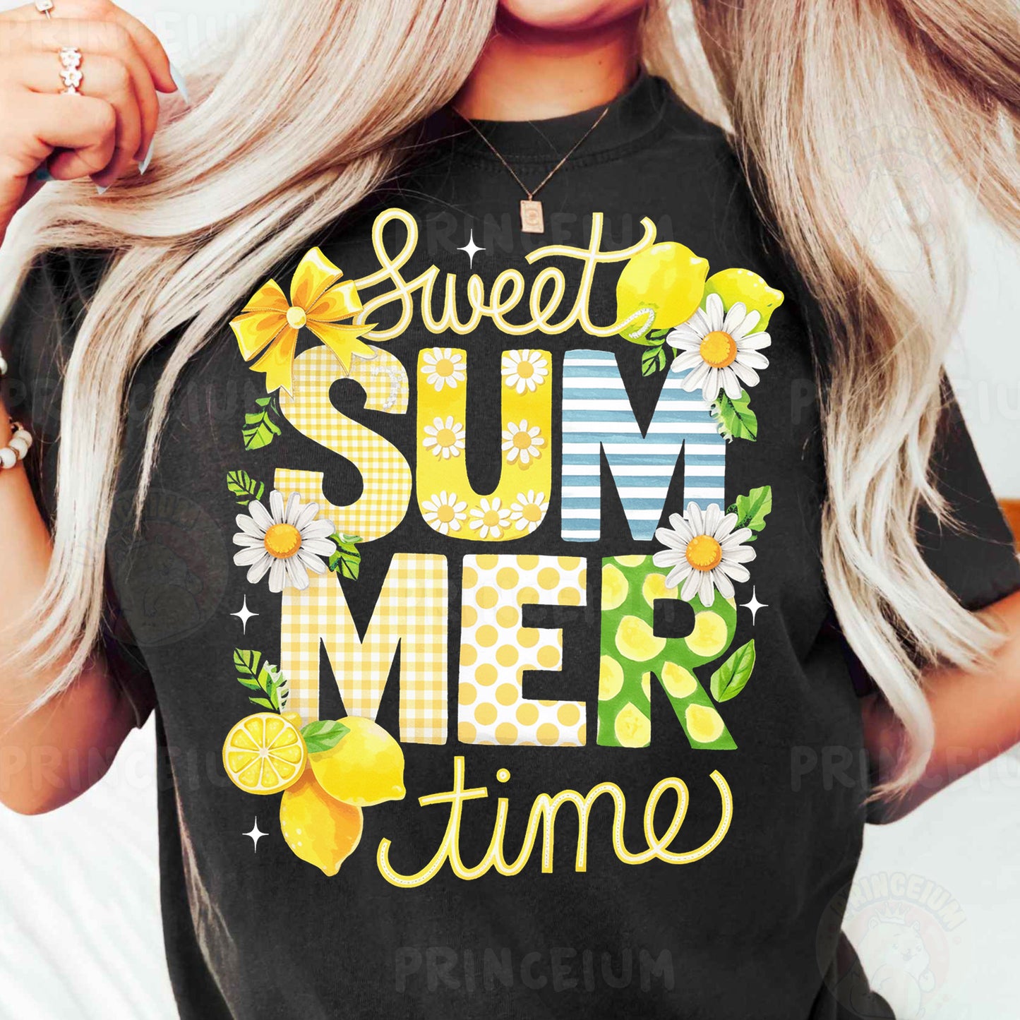 a woman wearing a t - shirt that says sweet summer time