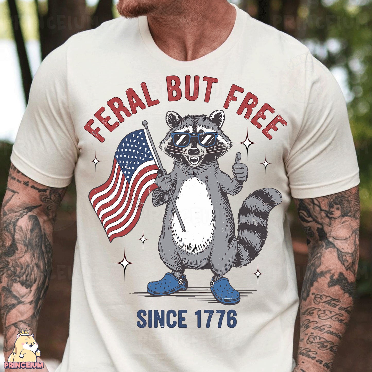 a man wearing a t - shirt with a raccoon holding an american flag