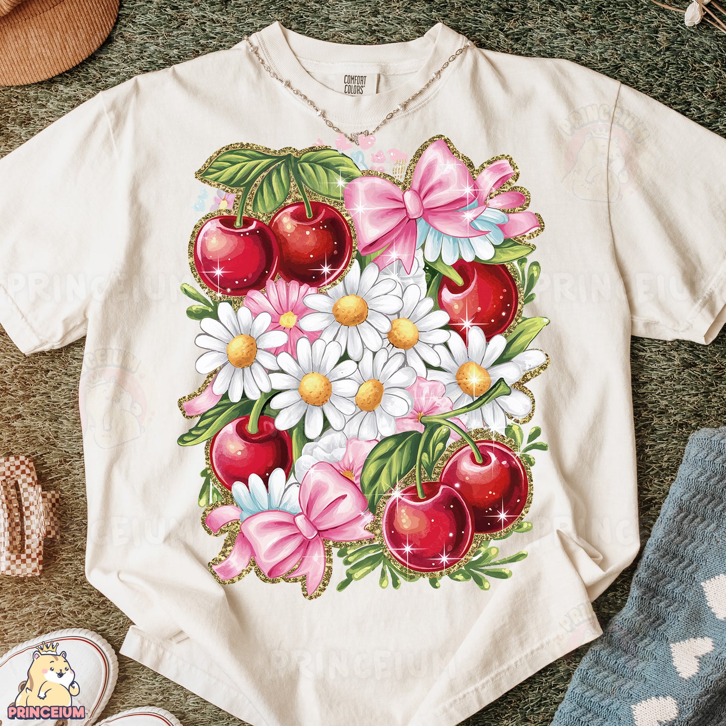 a t - shirt with a picture of cherries and daisies