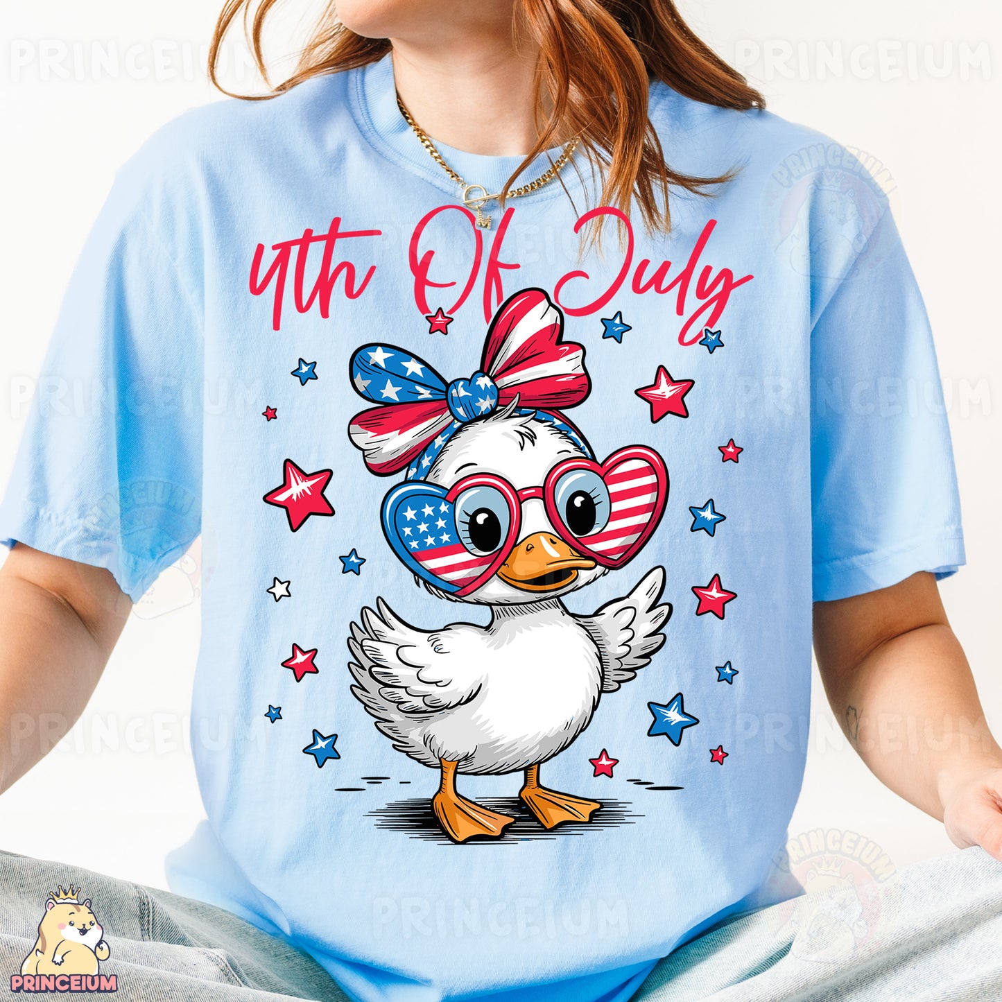 a woman wearing a blue shirt with a duck wearing sunglasses