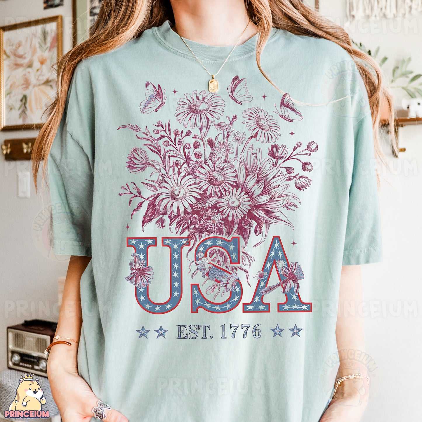 a woman wearing a usa t - shirt with a bouquet of flowers