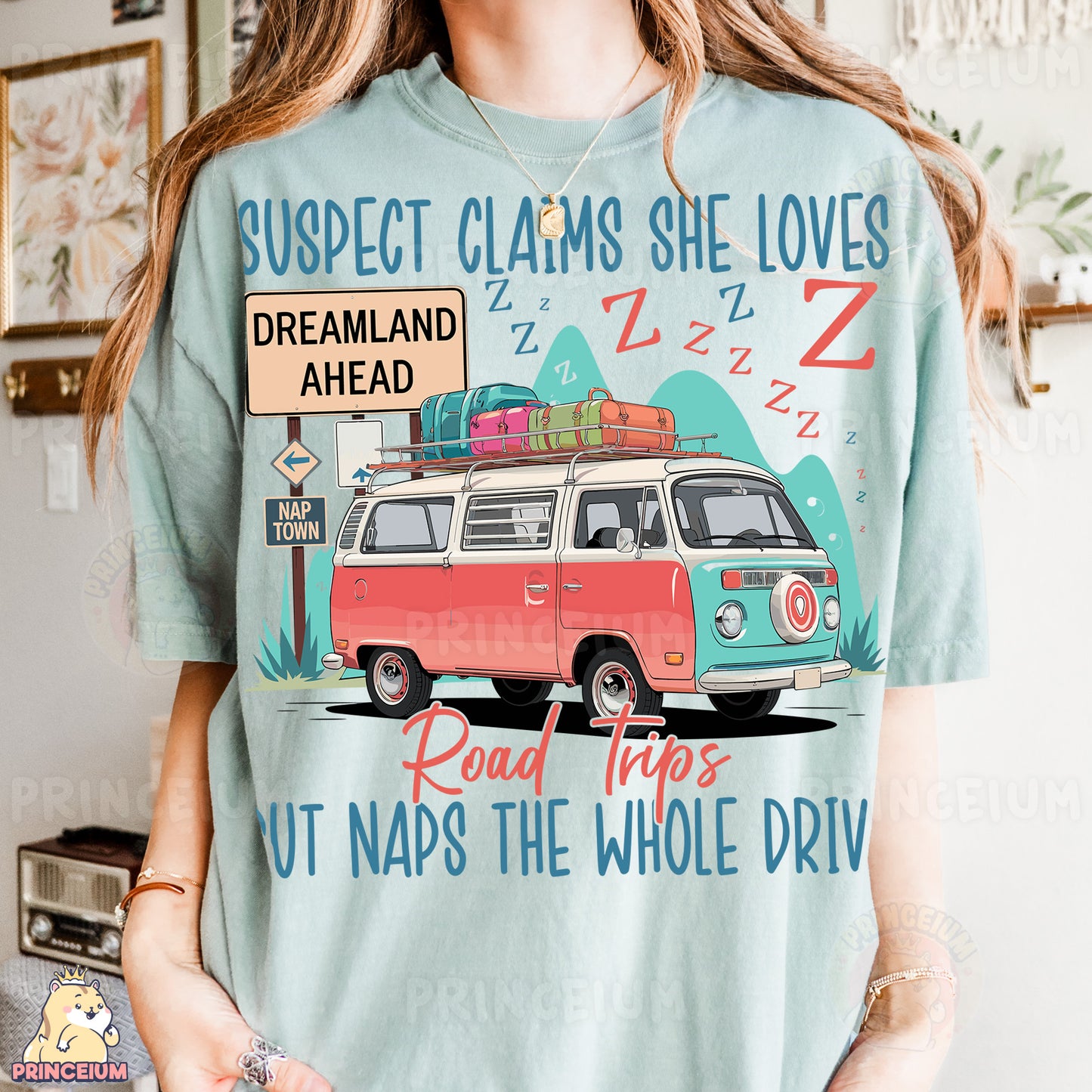 a woman wearing a t - shirt with a vw camper van on it