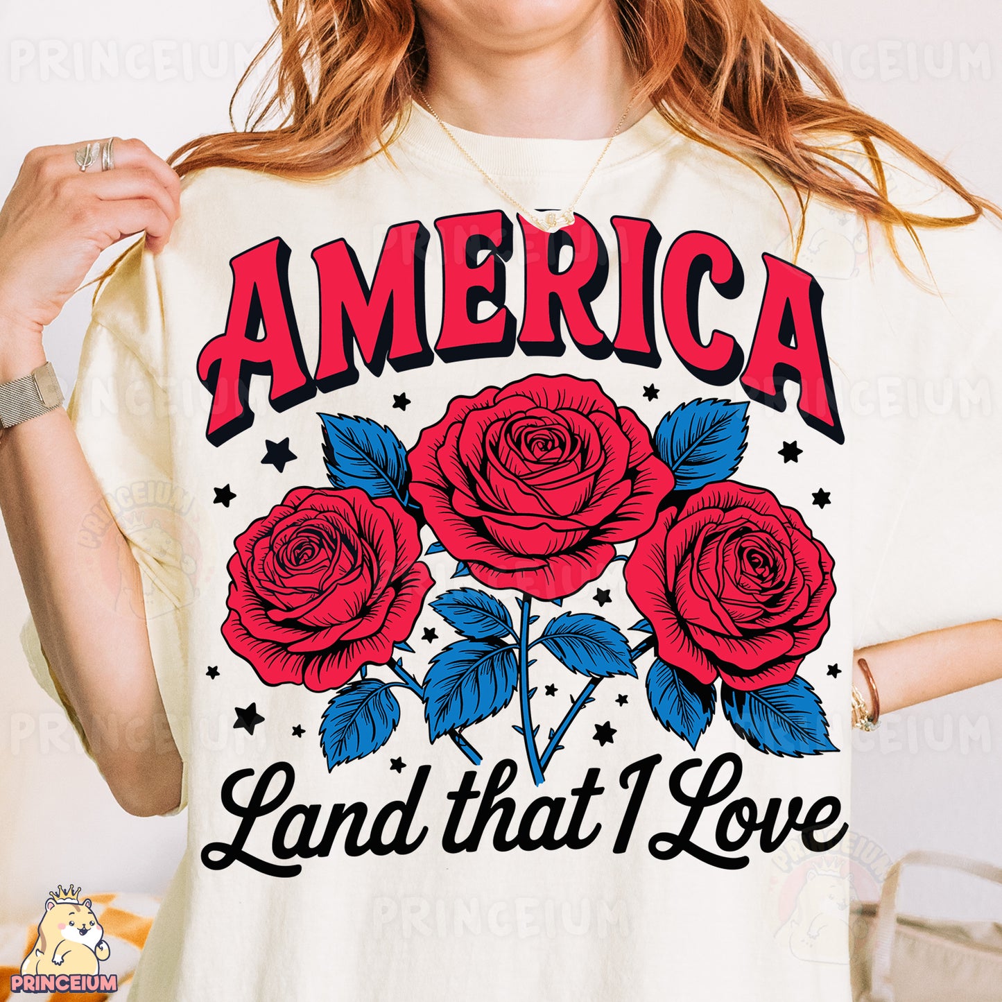 a woman wearing a t - shirt that says america land that i love