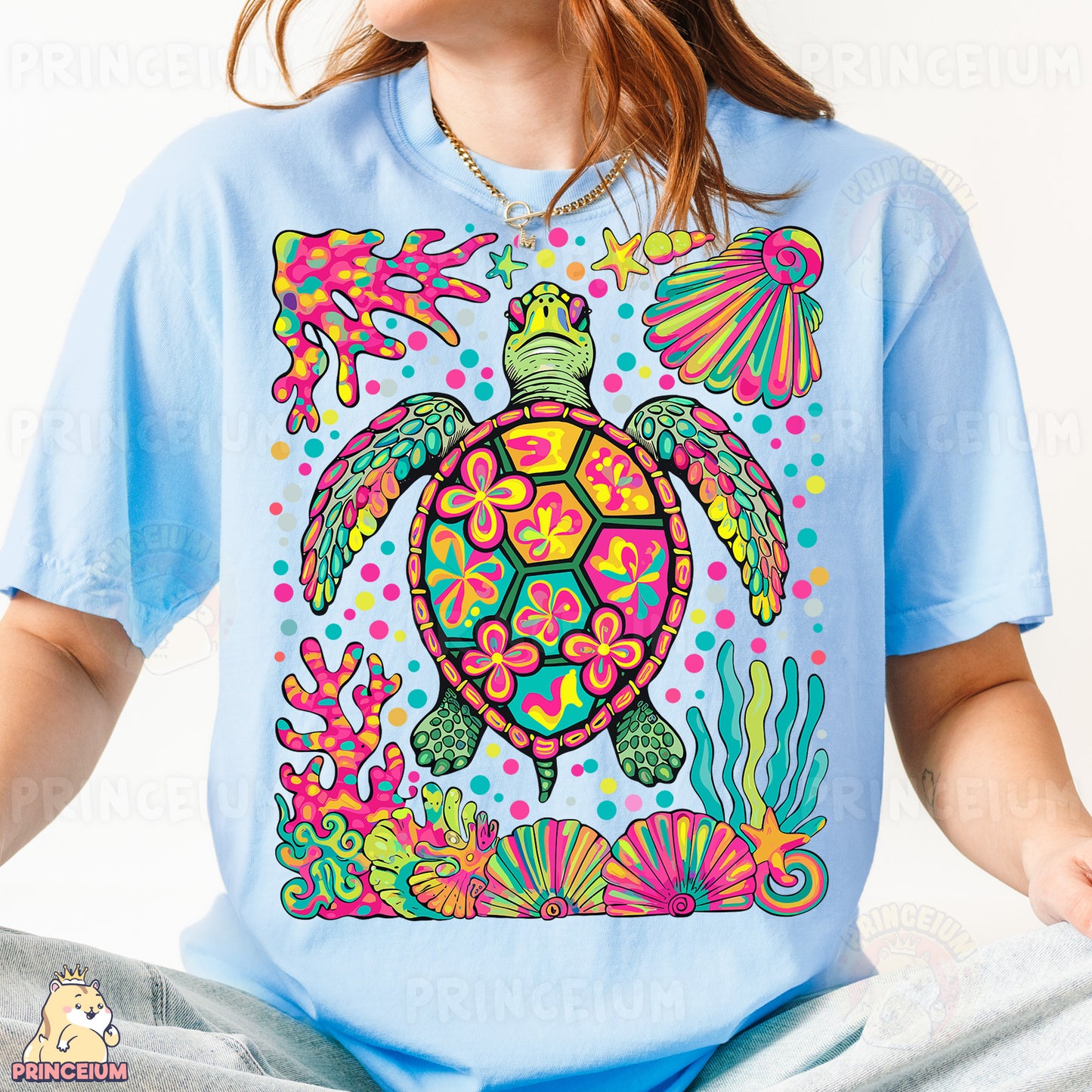 a woman wearing a t - shirt with a turtle on it