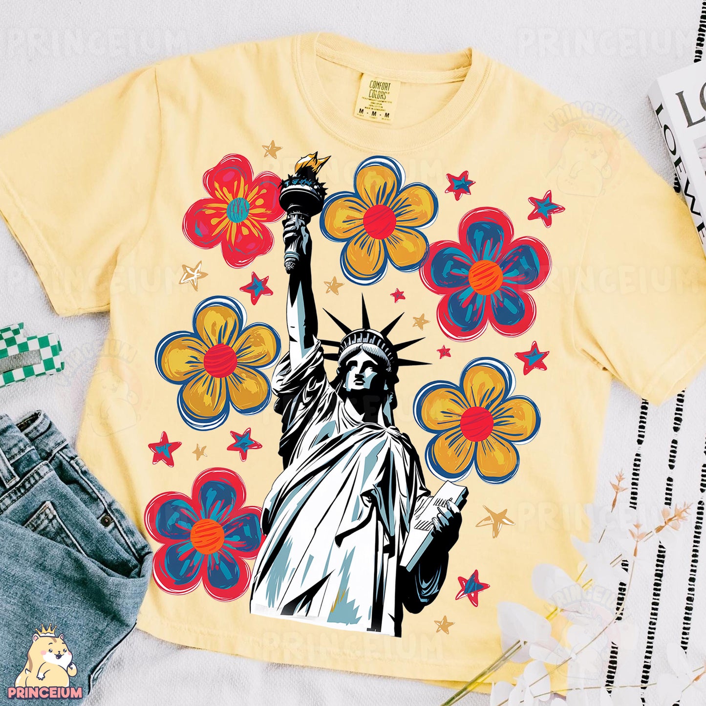 a t - shirt with the statue of liberty surrounded by flowers