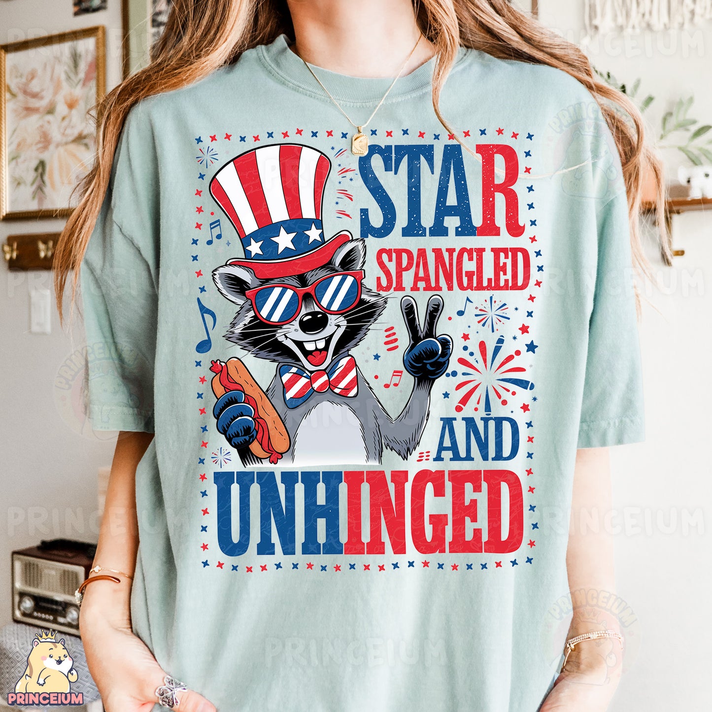 a woman wearing a star spangled and unhinged shirt