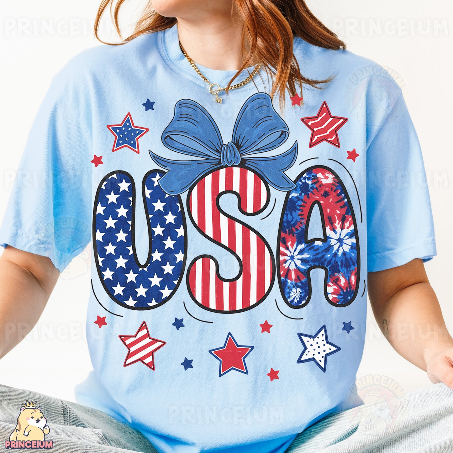 a woman wearing a usa t - shirt sitting on a bed