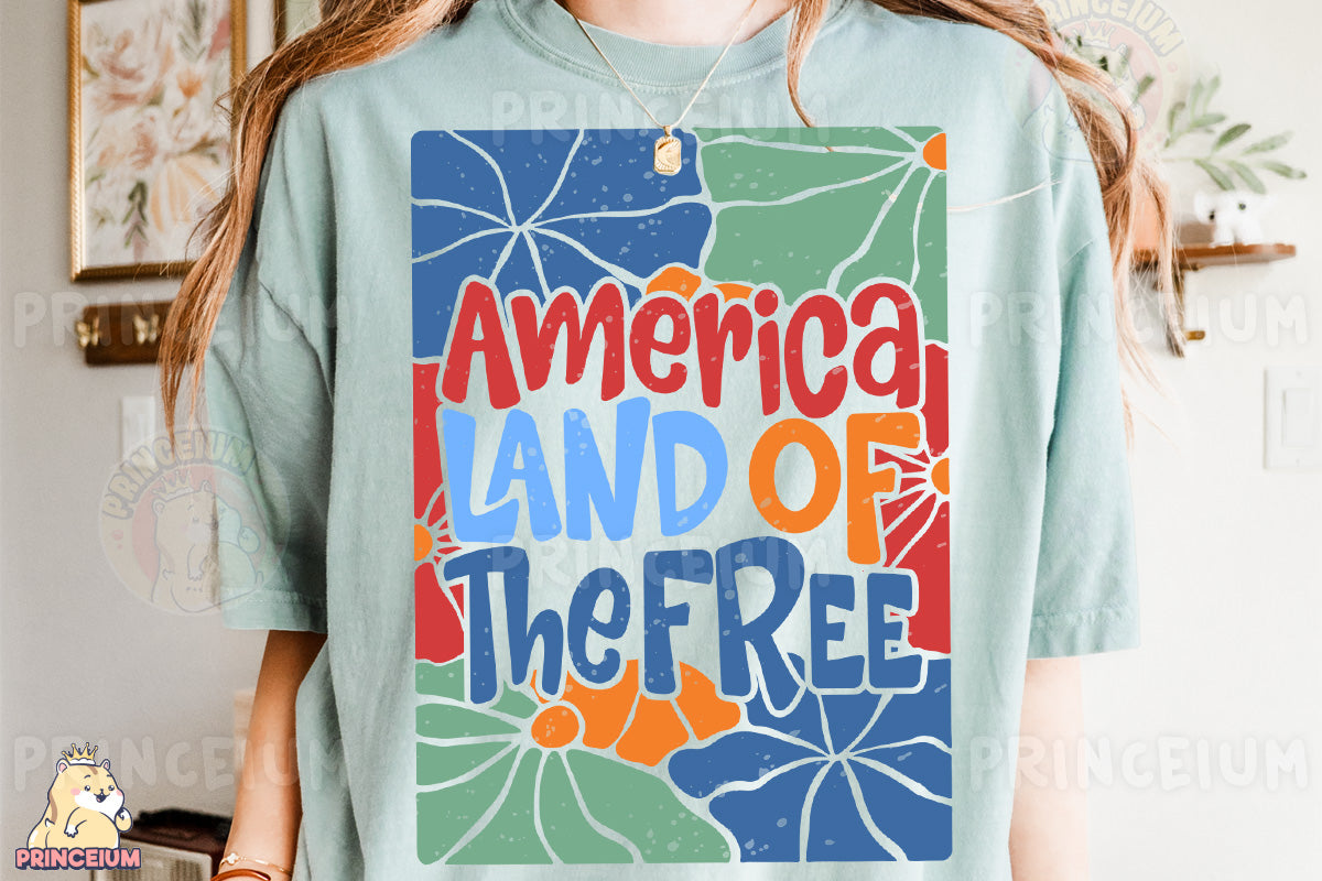 a woman wearing a t - shirt that says america land of the free