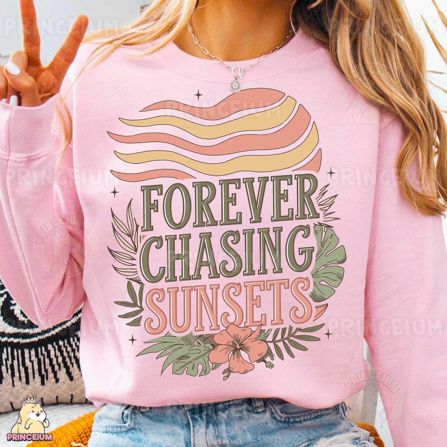 a woman wearing a pink shirt that says forever chasing sunsets