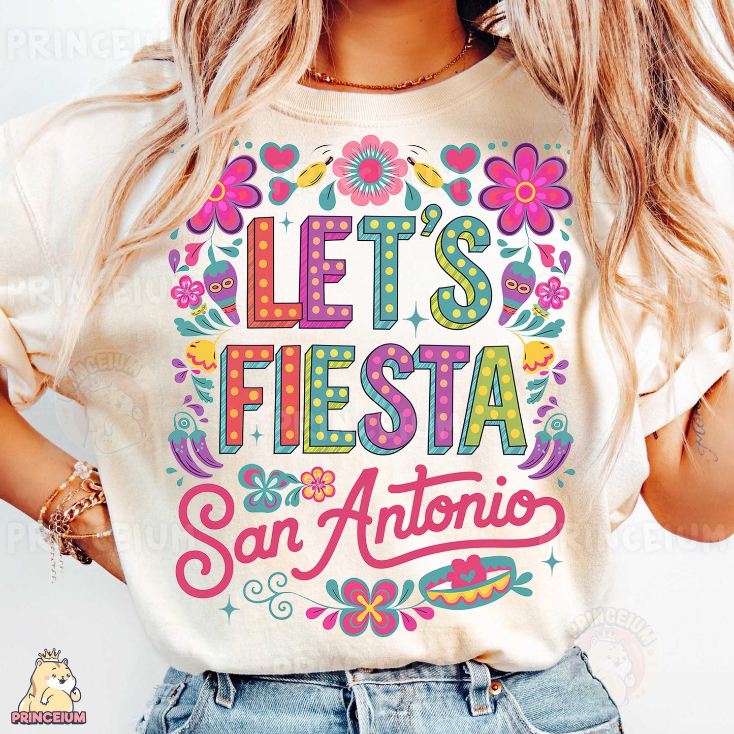 a woman wearing a t - shirt that says let's fiesta