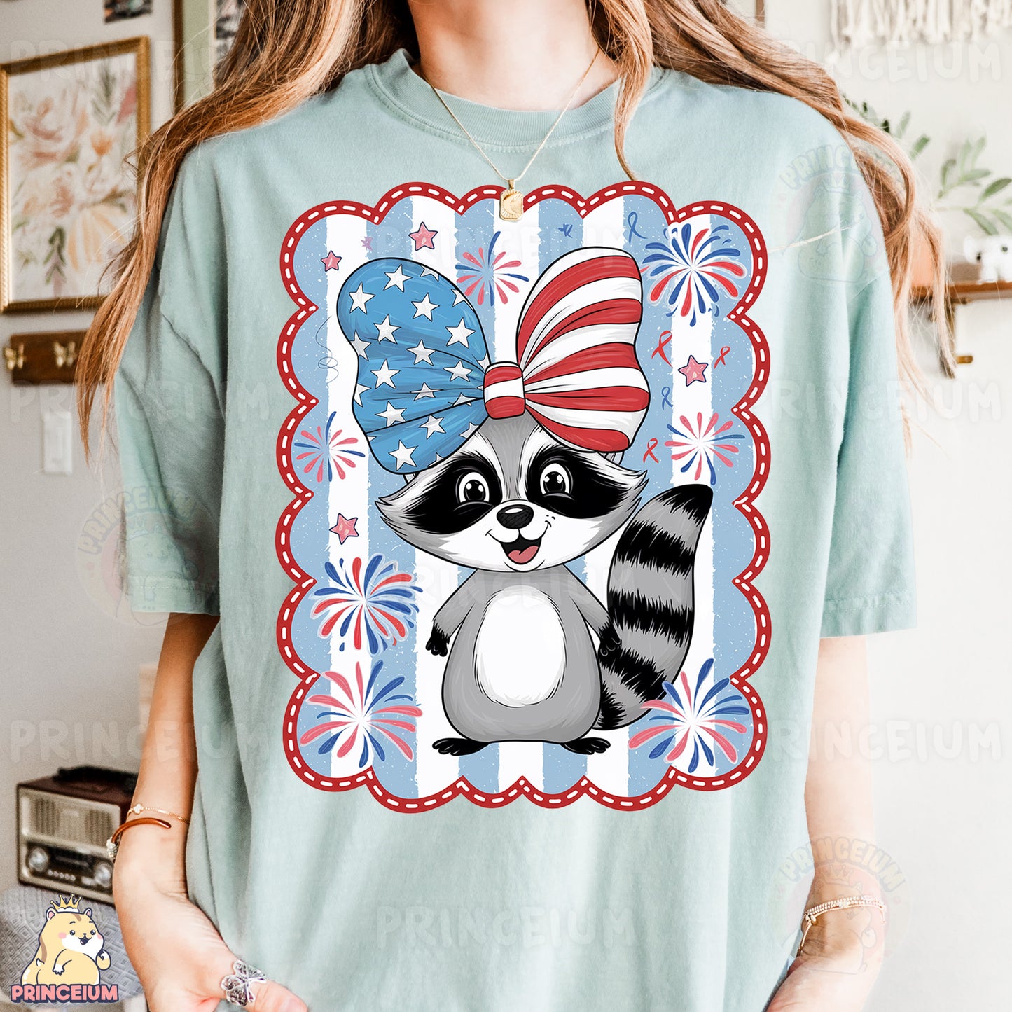 a woman wearing a t - shirt with a raccoon wearing an american flag