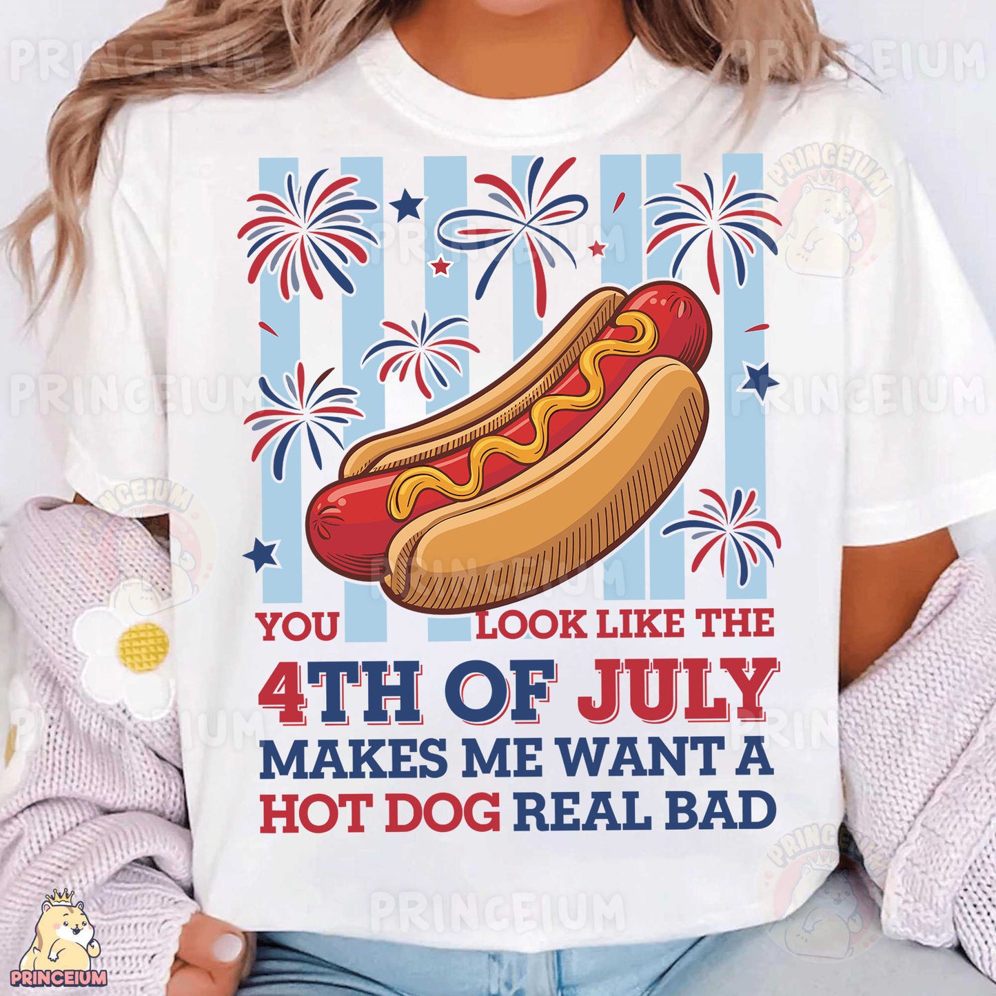 a woman wearing a white shirt with a hot dog on it