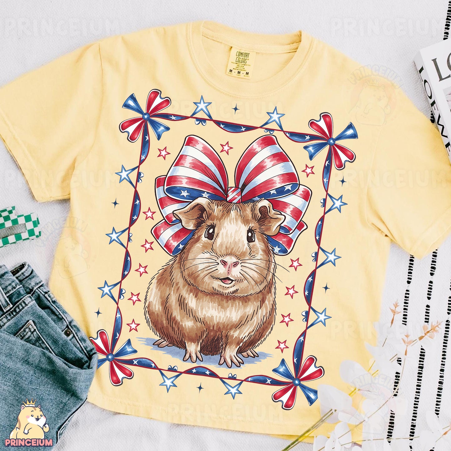 a t - shirt with a picture of a hamster wearing a bow
