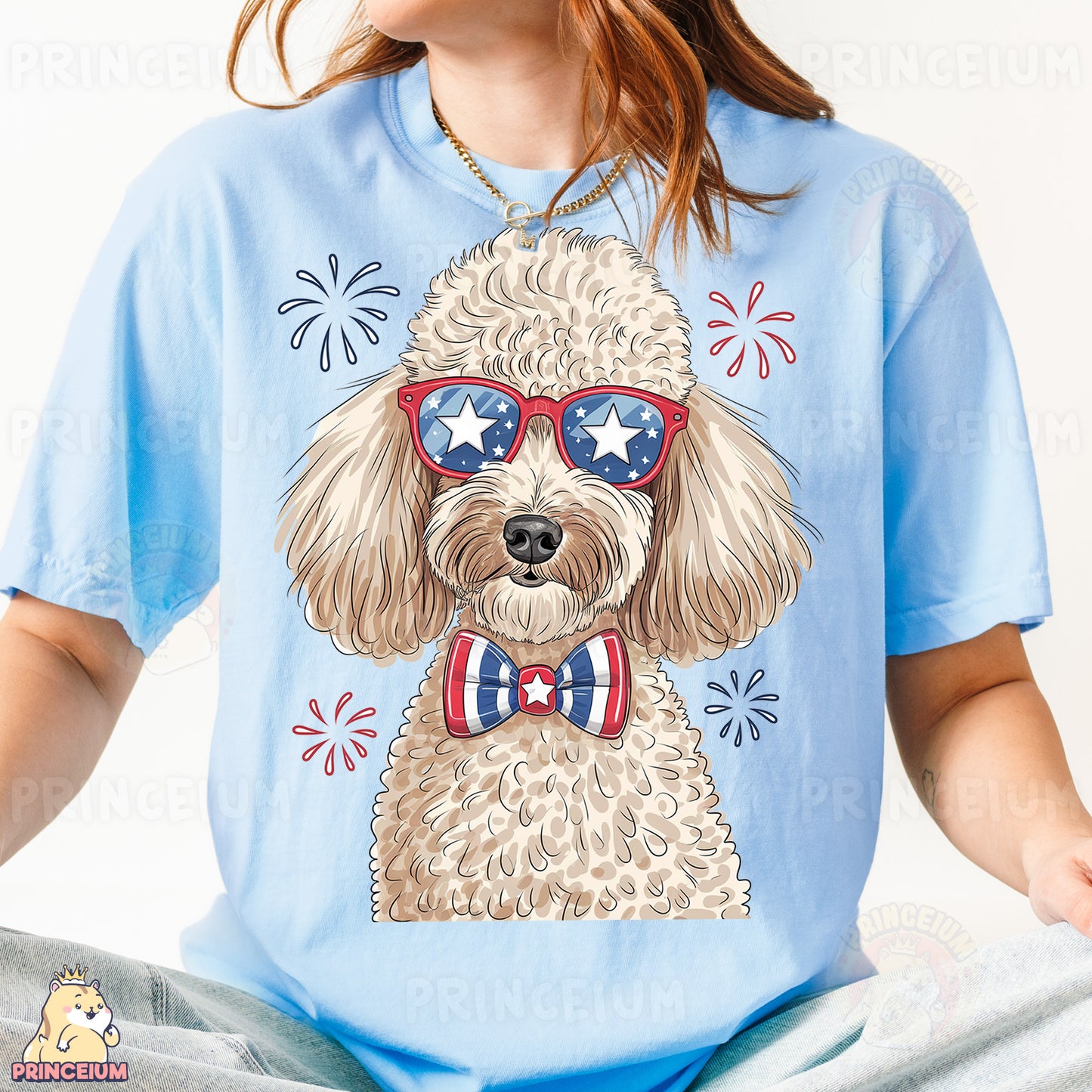 a woman wearing a blue shirt with a dog wearing sunglasses
