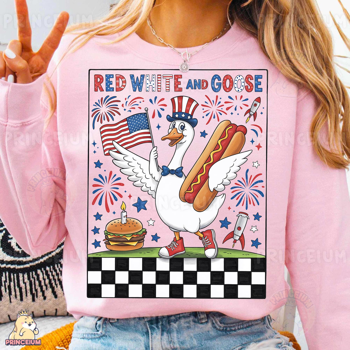a woman wearing a pink shirt with a hot dog and american flag on it