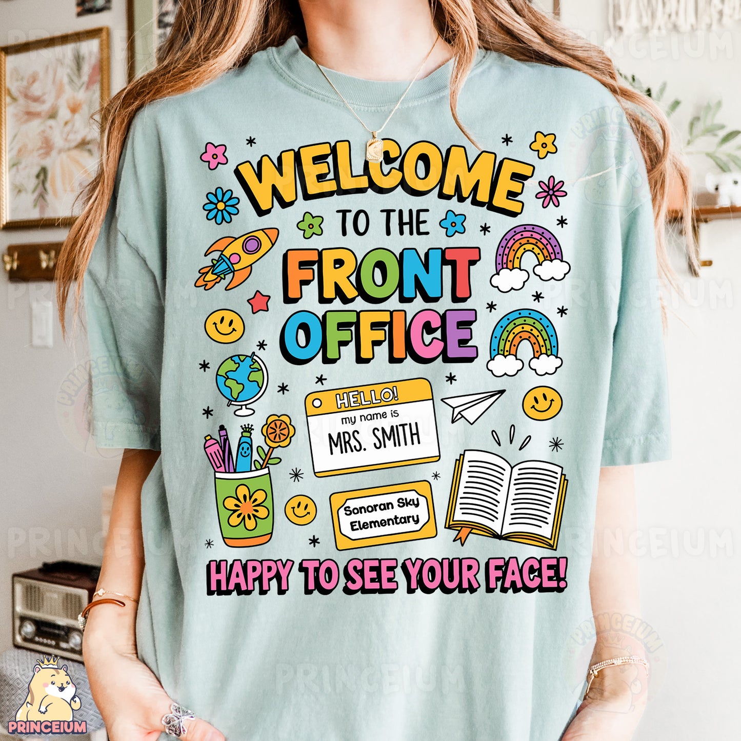 a woman wearing a t - shirt that says, welcome to the front office happy