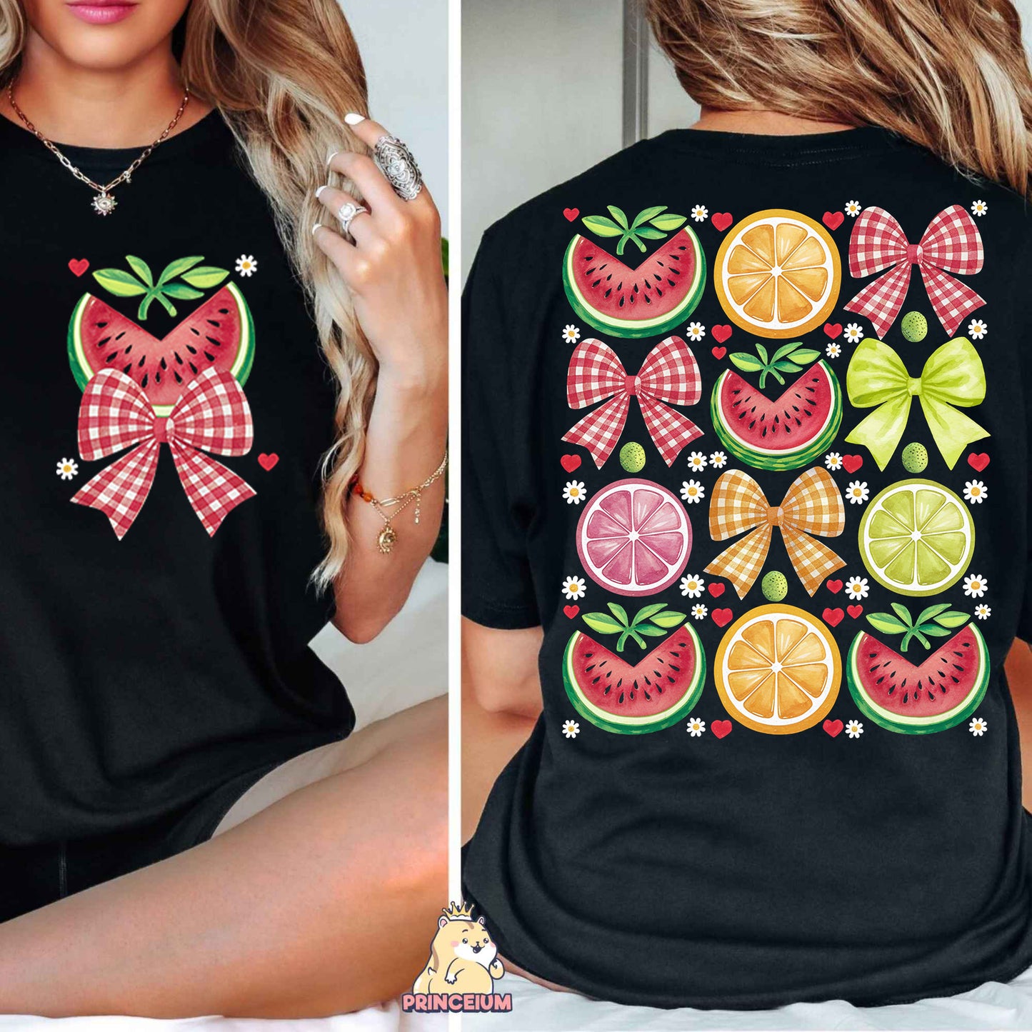 a woman wearing a black shirt with fruit on it