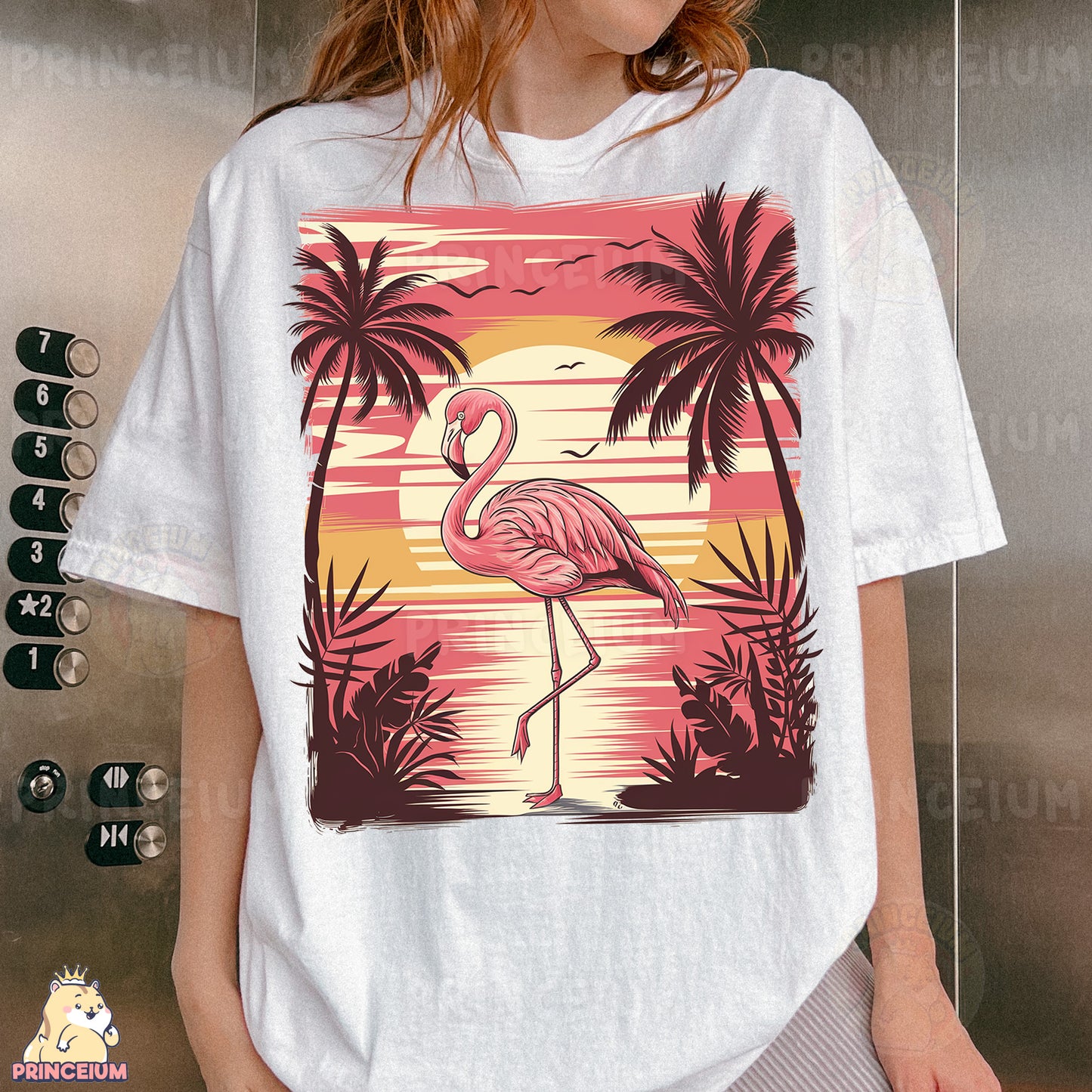 a woman wearing a t - shirt with a flamingo on it