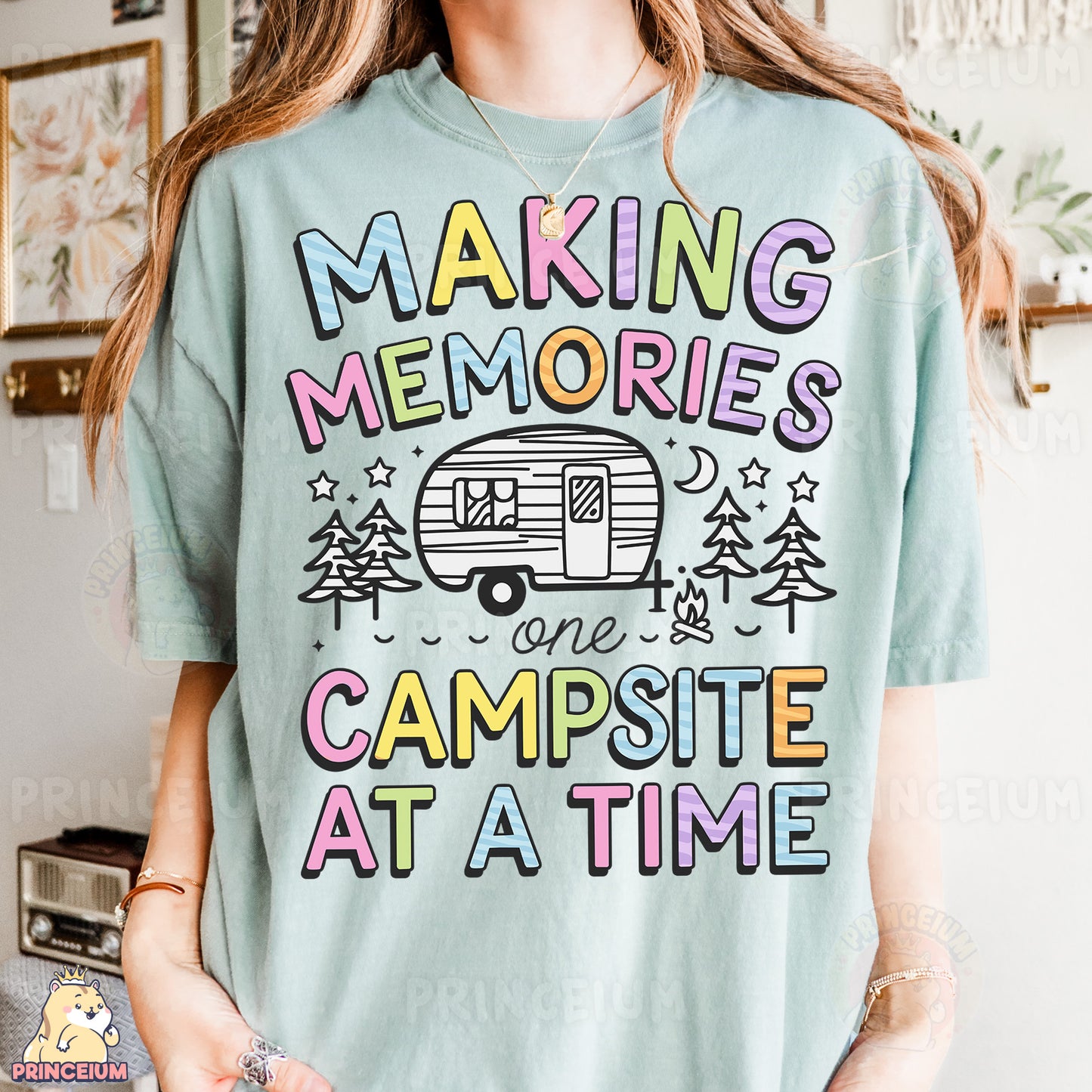 a woman wearing a shirt that says making memories we campsite at a time