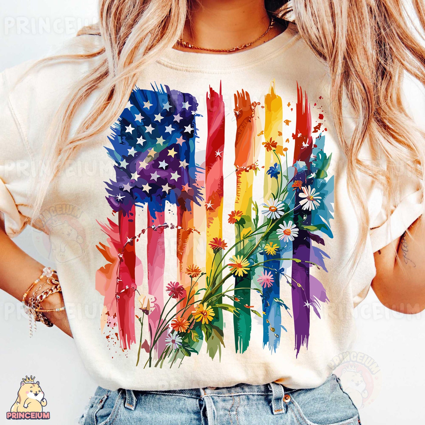 a woman wearing a t - shirt with an american flag design