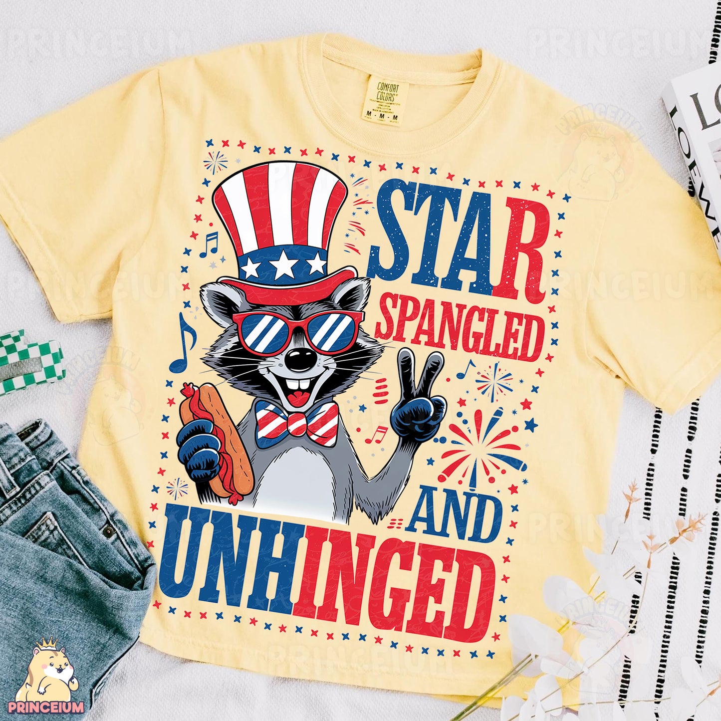 a t - shirt with a raccoon wearing a hat and sunglasses