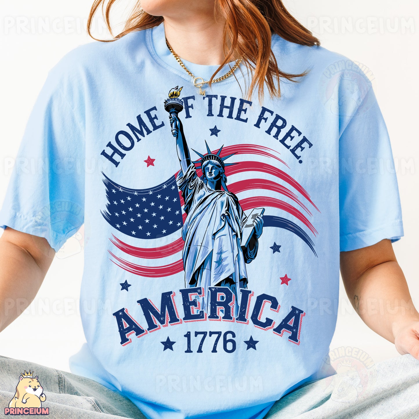 a woman wearing a t - shirt with the statue of liberty on it