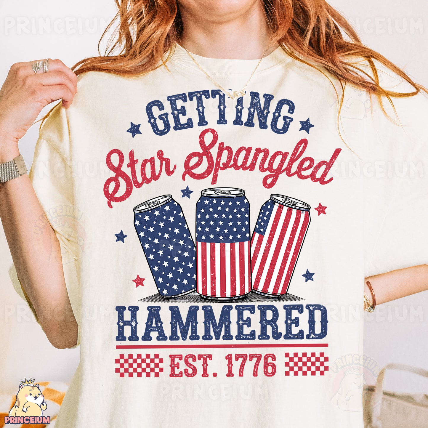 a woman wearing a t - shirt that says getting star spangled hammered